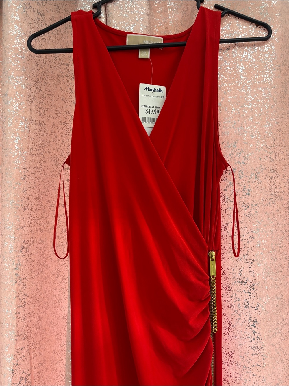 Michael Kors One-Shoulder Red Faux-Wrap Dress with Chain Detail